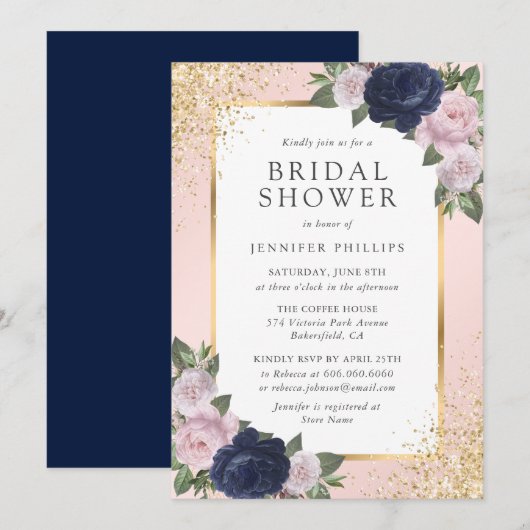 Invitation Fête des mariées florale Blush Pink Navy Blue Gold (Devant / Derrière)