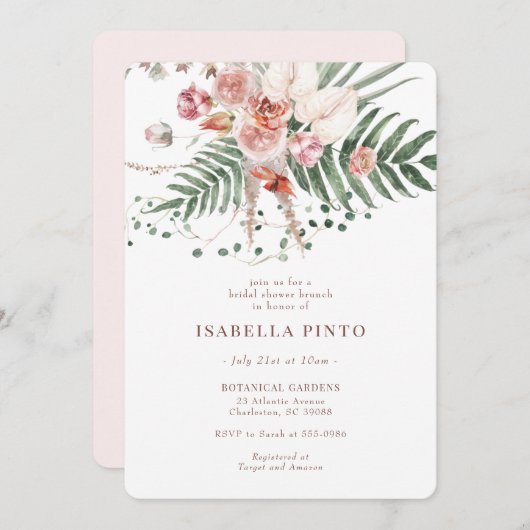 Invitation Fête des mariées florale Boho Tropical Rose (Devant / Derrière)