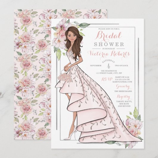 Invitation Fête des mariées florale Brunette Bride (Devant / Derrière)