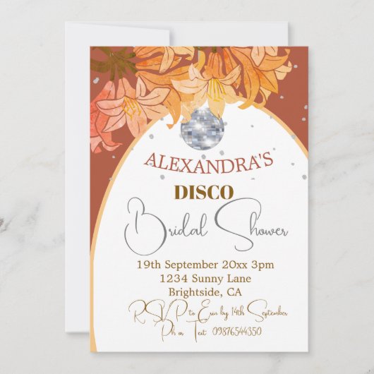 Invitation Fête des mariées Florale Bural Orange Silver Disco (Devant)