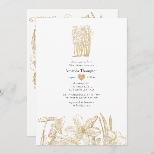 Invitation Fête des mariées florale chic or (Devant / Derrière)