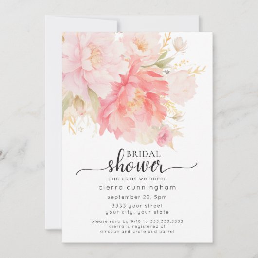 Invitation Fête des mariées florale Chic Pink Peony (Devant)