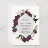 Invitation Fête des mariées florale classique or et prune pou (Devant)