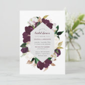 Invitation Fête des mariées florale classique or et prune pou (Debout devant)