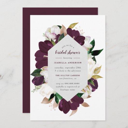 Invitation Fête des mariées florale classique or et prune pou (Devant / Derrière)