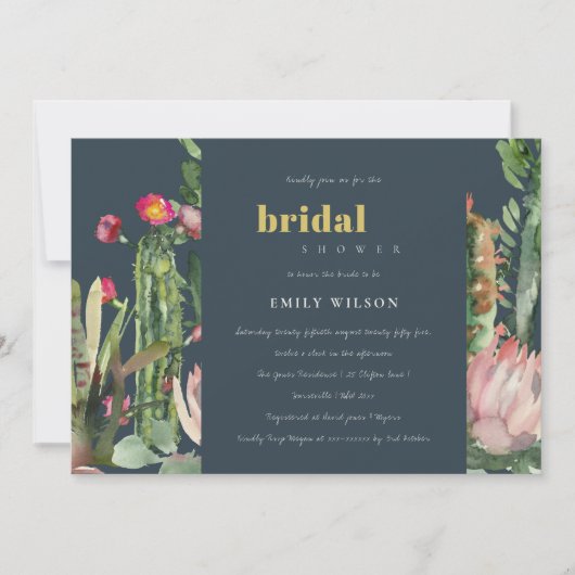 INVITATION FÊTE DES MARIÉES FLORALE DE CACTI ROSE DE MARINE (Devant)