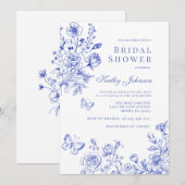 Invitation Fête des mariées florale de la Chinoiserie bleue (Devant / Derrière)