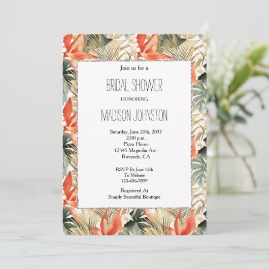Invitation Fête des mariées florale de l'anthurium orange tro (Debout devant)