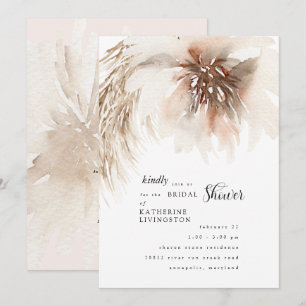 Invitation Fête des mariées florale de Pampas neutres automne