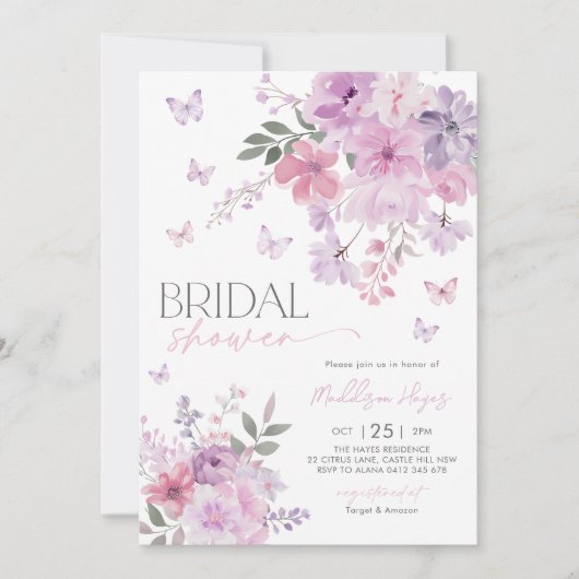 Invitation Fête des mariées florale de papillon pourpre (Devant)