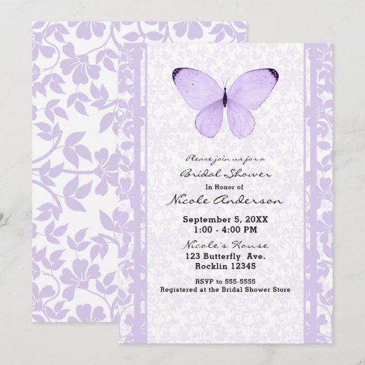Invitation Fête des mariées florale de papillon violet de lav (Devant / Derrière)