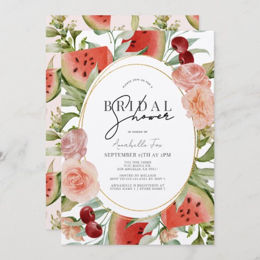 Invitation Fête des mariées florale de pastèque et cerise (Devant / Derrière)