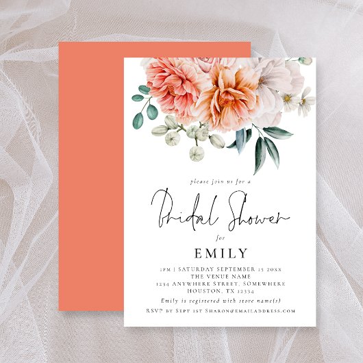 Invitation Fête des mariées Florale de Peach Coral Peonies