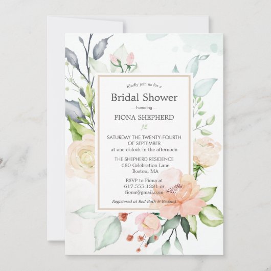 Invitation Fête des mariées florale d'Elégante Aquarelle du m (Devant)