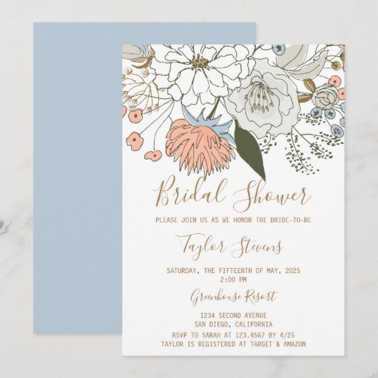 Invitation Fête des mariées florale délicate (Devant / Derrière)