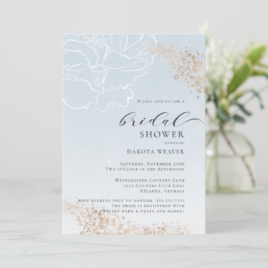 Invitation Fête des mariées florale d'or bleu doux (Debout devant)