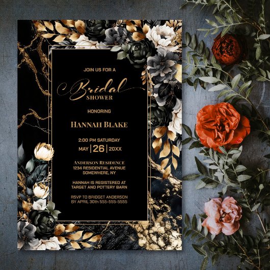 Invitation Fête des mariées Florale d'or noir