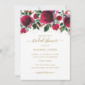 Invitation Fête des mariées florale d'or rouge de Bourgogne (Devant)