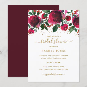 Invitation Fête des mariées florale d'or rouge de Bourgogne
