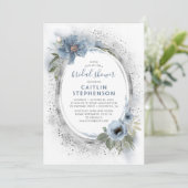 Invitation Fête des mariées florale Dusty Blue et Silver Part (Debout devant)