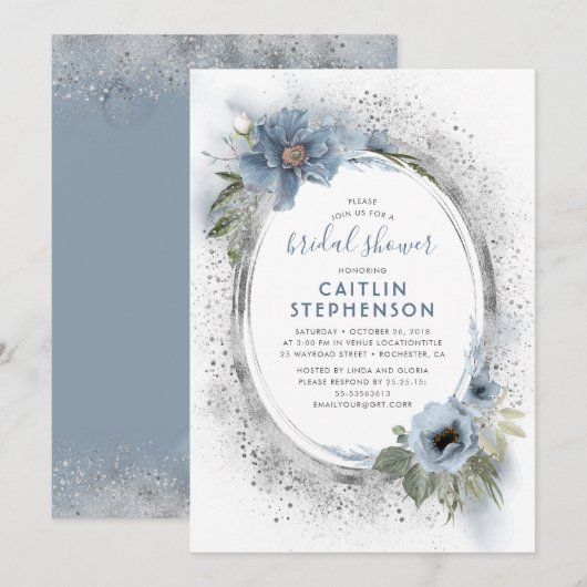 Invitation Fête des mariées florale Dusty Blue et Silver Part (Devant / Derrière)