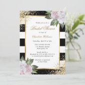 Invitation Fête des mariées florale en or blanc noir rose (Debout devant)