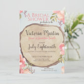 Invitation Fête des mariées florale en tranches de bois (Debout devant)
