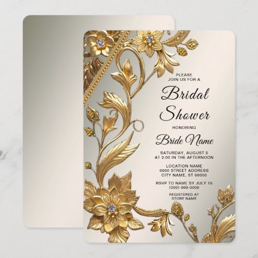 Invitation Fête des mariées florale Feuille Golden Wavy (Devant / Derrière)