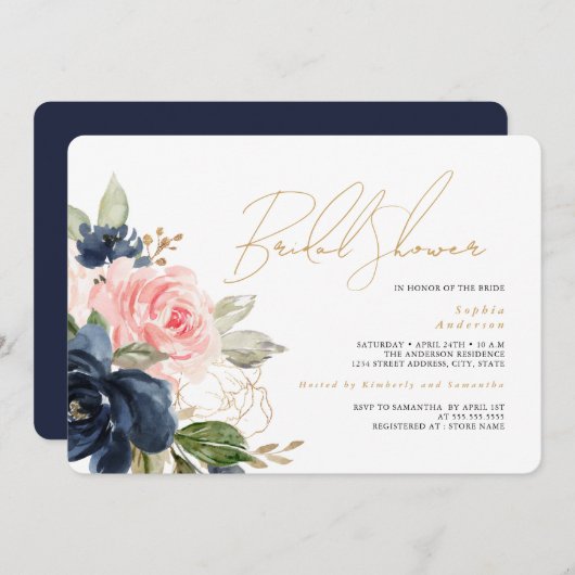 Invitation Fête des mariées florale Gold Blush Navy (Devant / Derrière)