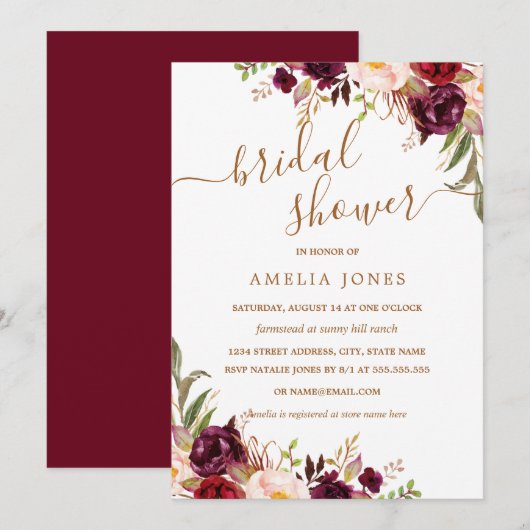 Invitation Fête des mariées Florale Gold Burgundy Confetti (Devant / Derrière)