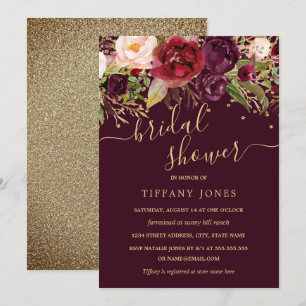 Invitation Fête des mariées Florale Gold Burgundy Confetti