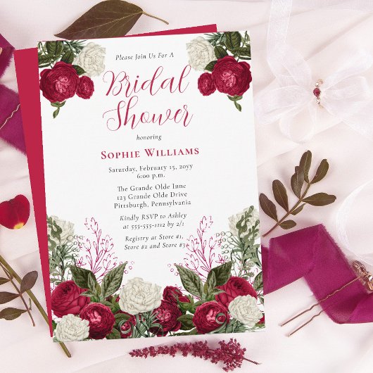 Invitation Fête des mariées florale Magenta luxuriante