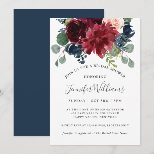 Invitation Fête des mariées florale marine et bordeaux (Devant / Derrière)