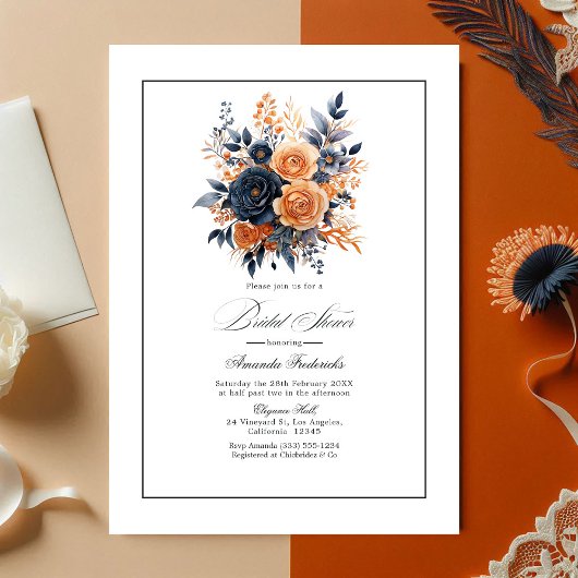 Invitation Fête des mariées florale marine et orange