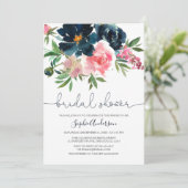 Invitation Fête des mariées florale marine et rose pâle (Debout devant)