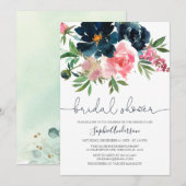 Invitation Fête des mariées florale marine et rose pâle (Devant / Derrière)