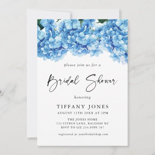 Invitation Fête des mariées florale moderne Blue Hydrangea (Devant)
