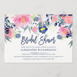 Invitation Fête des mariées florale moderne Blush et Navy