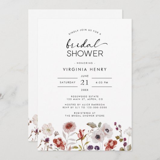 Invitation Fête des mariées florale moderne Boho (Devant / Derrière)