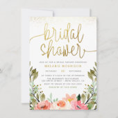 Invitation Fête des mariées florale moderne Gold Script (Devant)