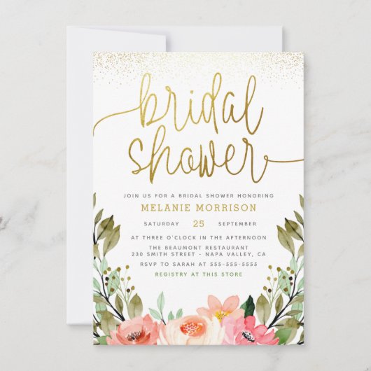 Invitation Fête des mariées florale moderne Gold Script (Devant)