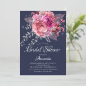 Invitation Fête des mariées florale moderne Marine rose et ar (Debout devant)