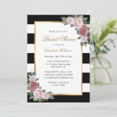 Invitation Fête des mariées florale noire blanche en or rose (Debout devant)