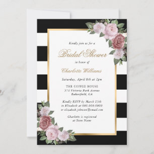Invitation Fête des mariées florale noire blanche en or rose