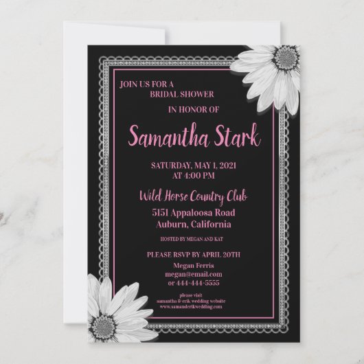 Invitation Fête des mariées florale noire et blanche (Devant)