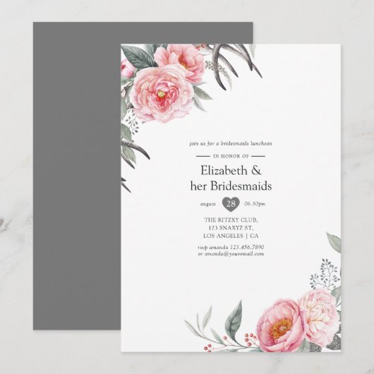 Invitation Fête des mariées florale Pastel Pink and Grey Boho (Devant / Derrière)