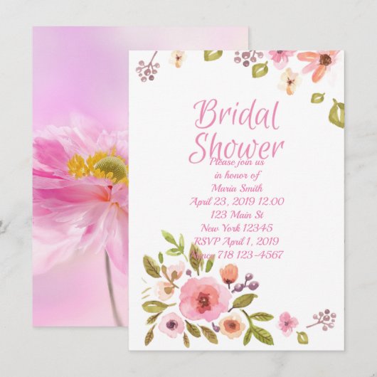 Invitation Fête des mariées florale rose (Devant / Derrière)