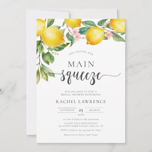 Invitation Fête des mariées florale rose citron à la pierre p (Devant)