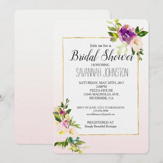 Invitation Fête des mariées florale rose de Bourgogne (Devant / Derrière)