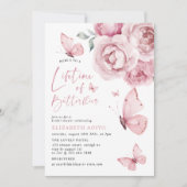 Invitation Fête des mariées florale rose de la vie des papill (Devant)